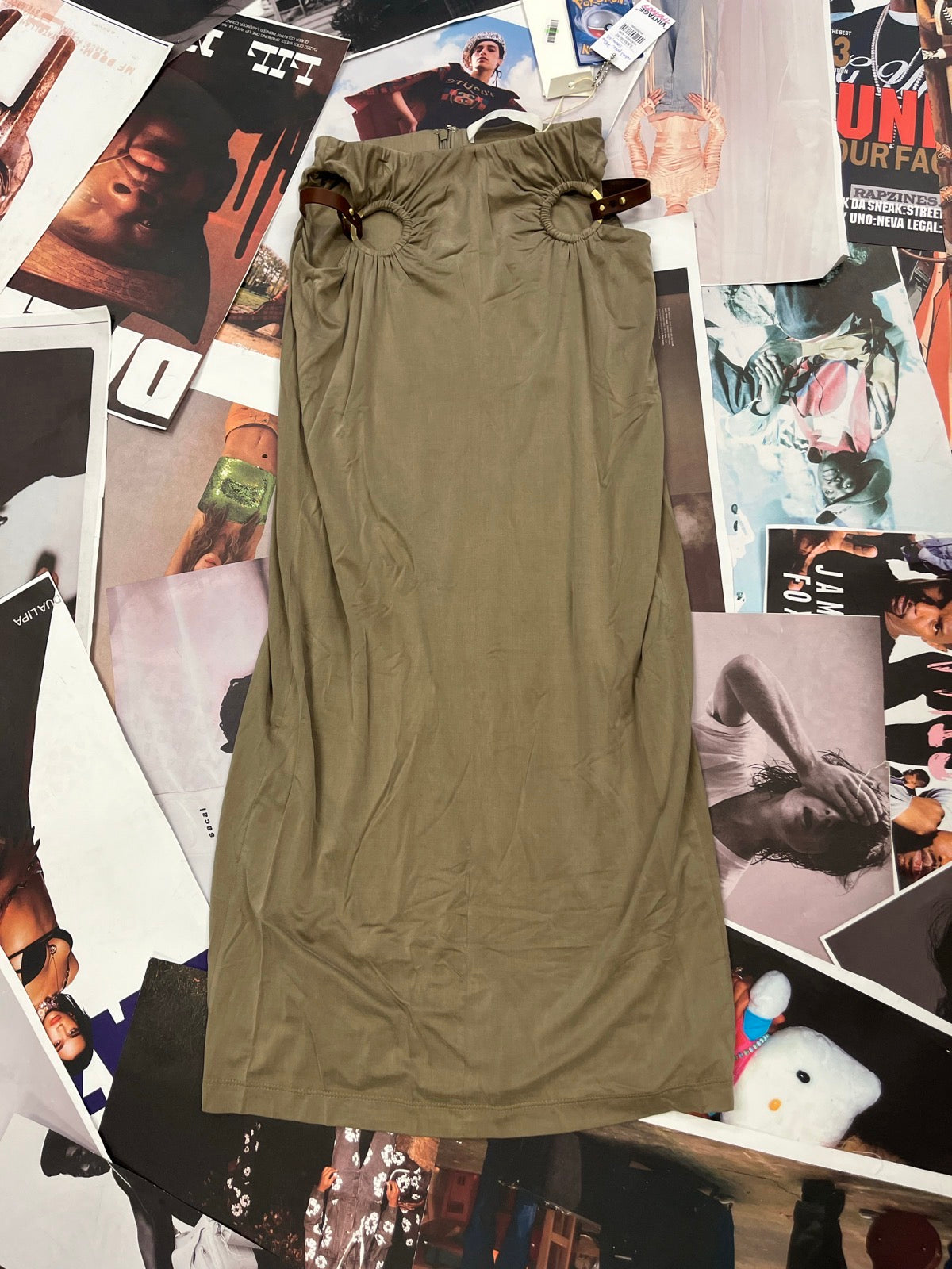 (XS) Dion Lee hnědá midi sukně s průstřihy a koženými pásky