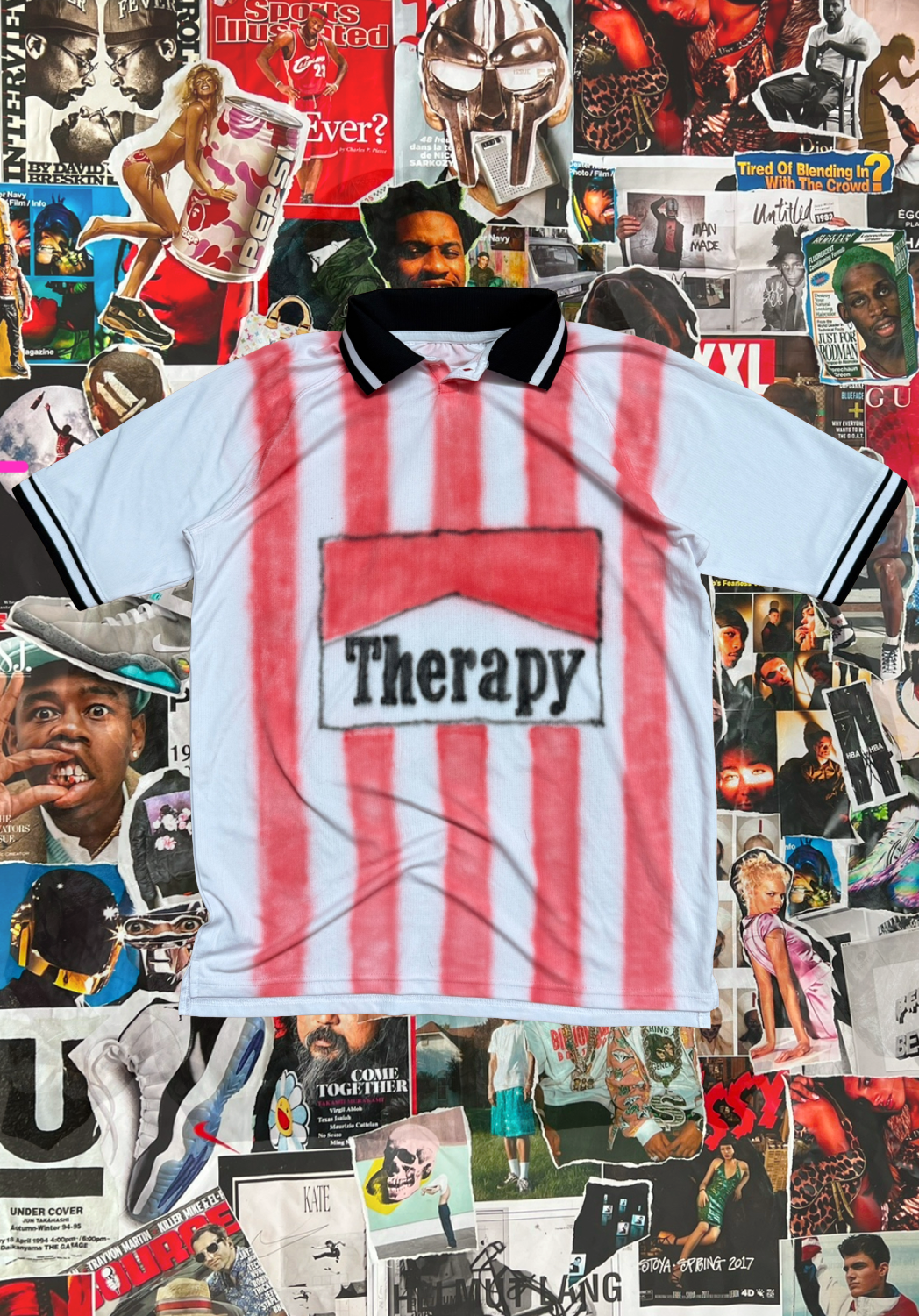 1of1 Therapy x Stepan Barton dres fotbalový bílý s červenými pruhy a lookalike Marlboro designem