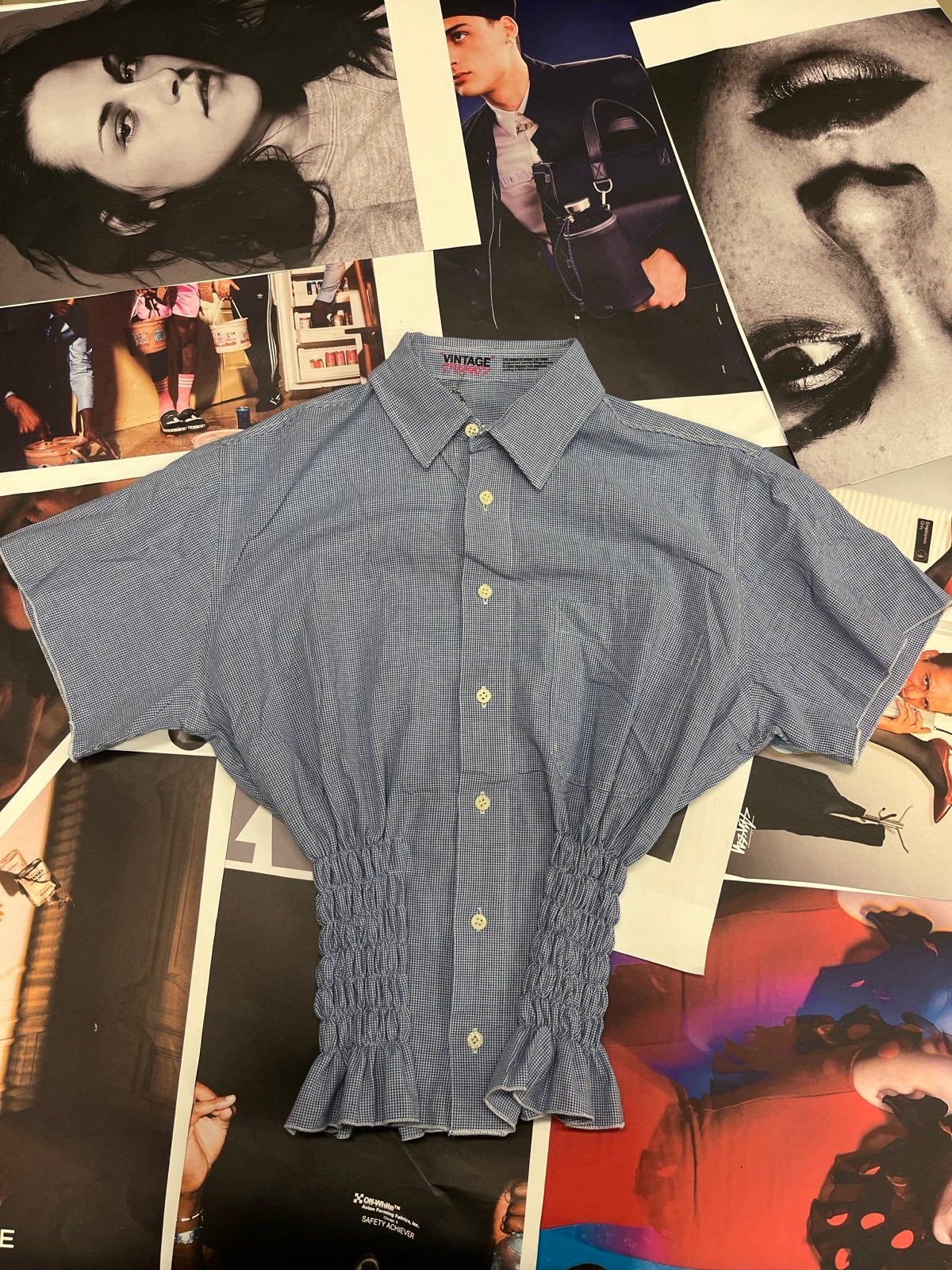 (L) Reworked žabičkový top kostkovaný modro-bílý