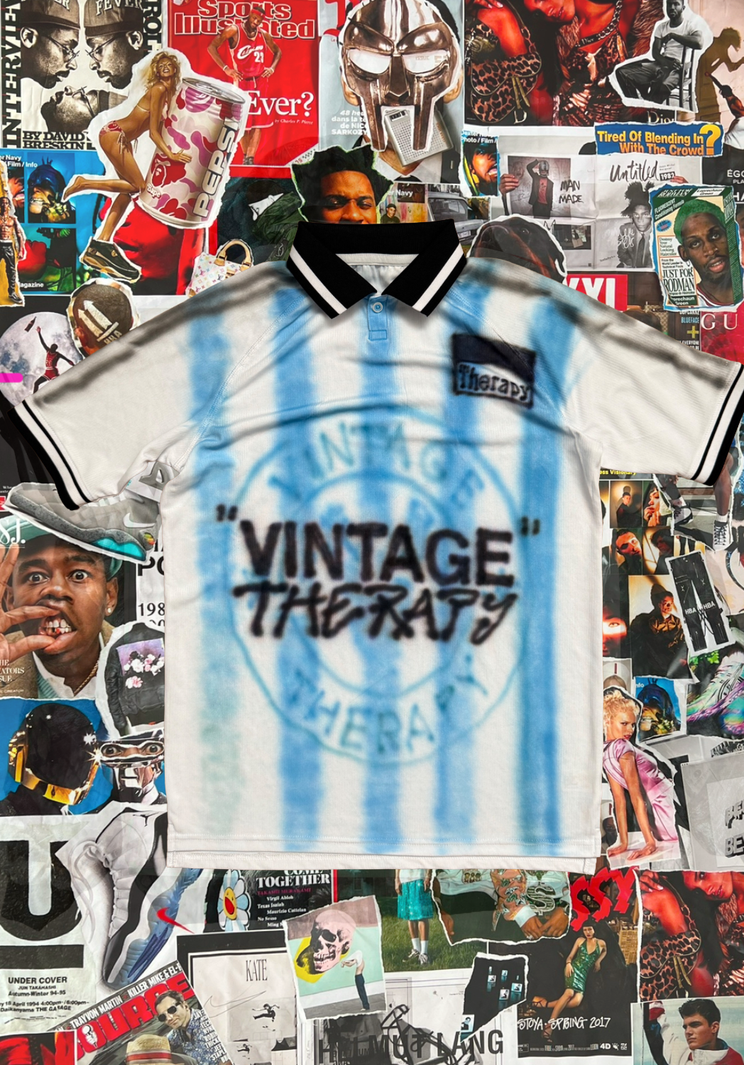 1of1 Therapy x Stepan Barton dres fotbalový bílý s modrými pruhy a nápisem Vintage therapy badger font, na zádech nápis Therapy logo Ford