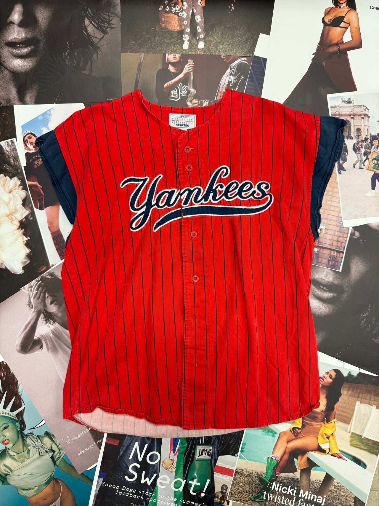 (L) Starter x Yankees baseballový dres červený s jemnými pruhy