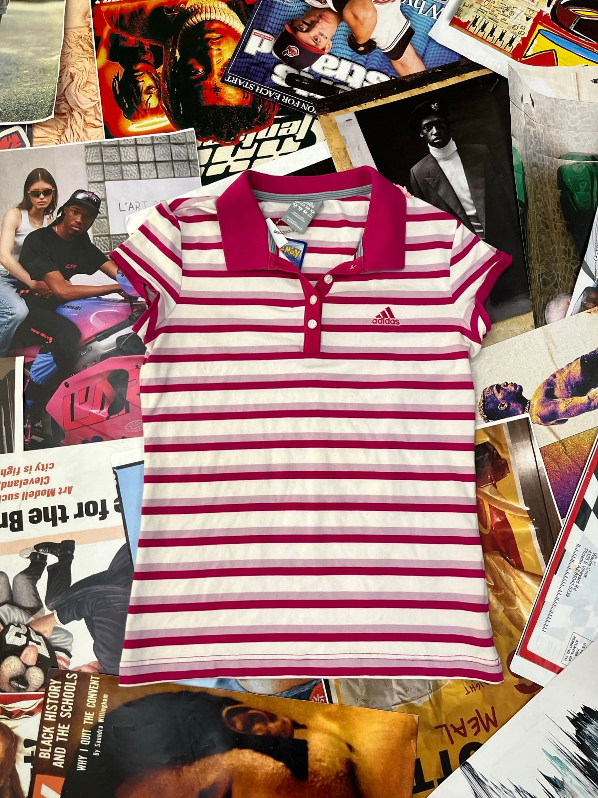 (L) Adidas polo triko dámské růžovo–bílé pruhované