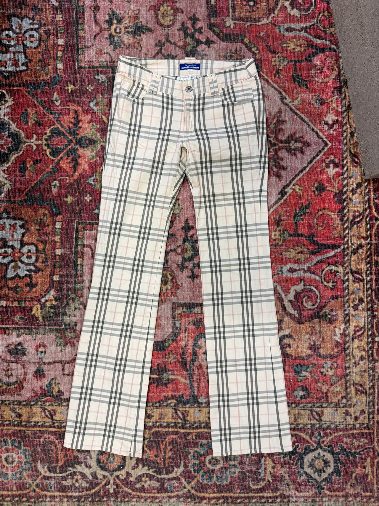 (XS) Burberry kalhoty dámské béžovo–šedo–růžové kárované