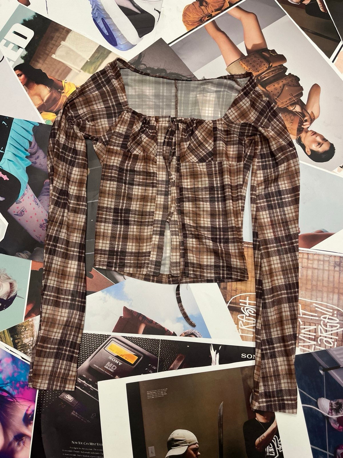 (S) Hnědý kostkovaný mesh top s dlouhým rukávem