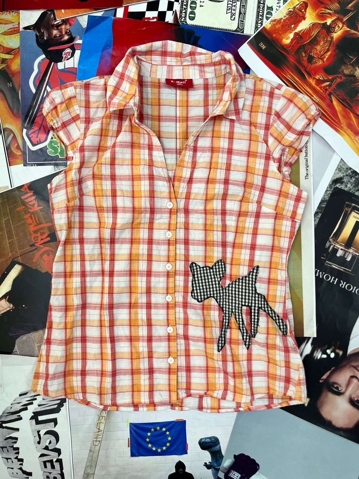 X-mail KOŠILKA dámská kostkovaná červeno-oranžová, dole zepředu potisk černobílé kostkované laňky M