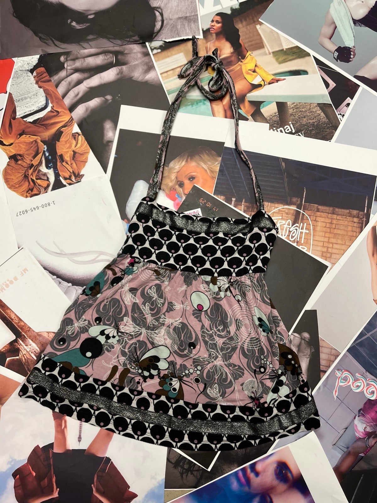 (S) Fornarina top černo-růžový, zavazování za krk, floral print