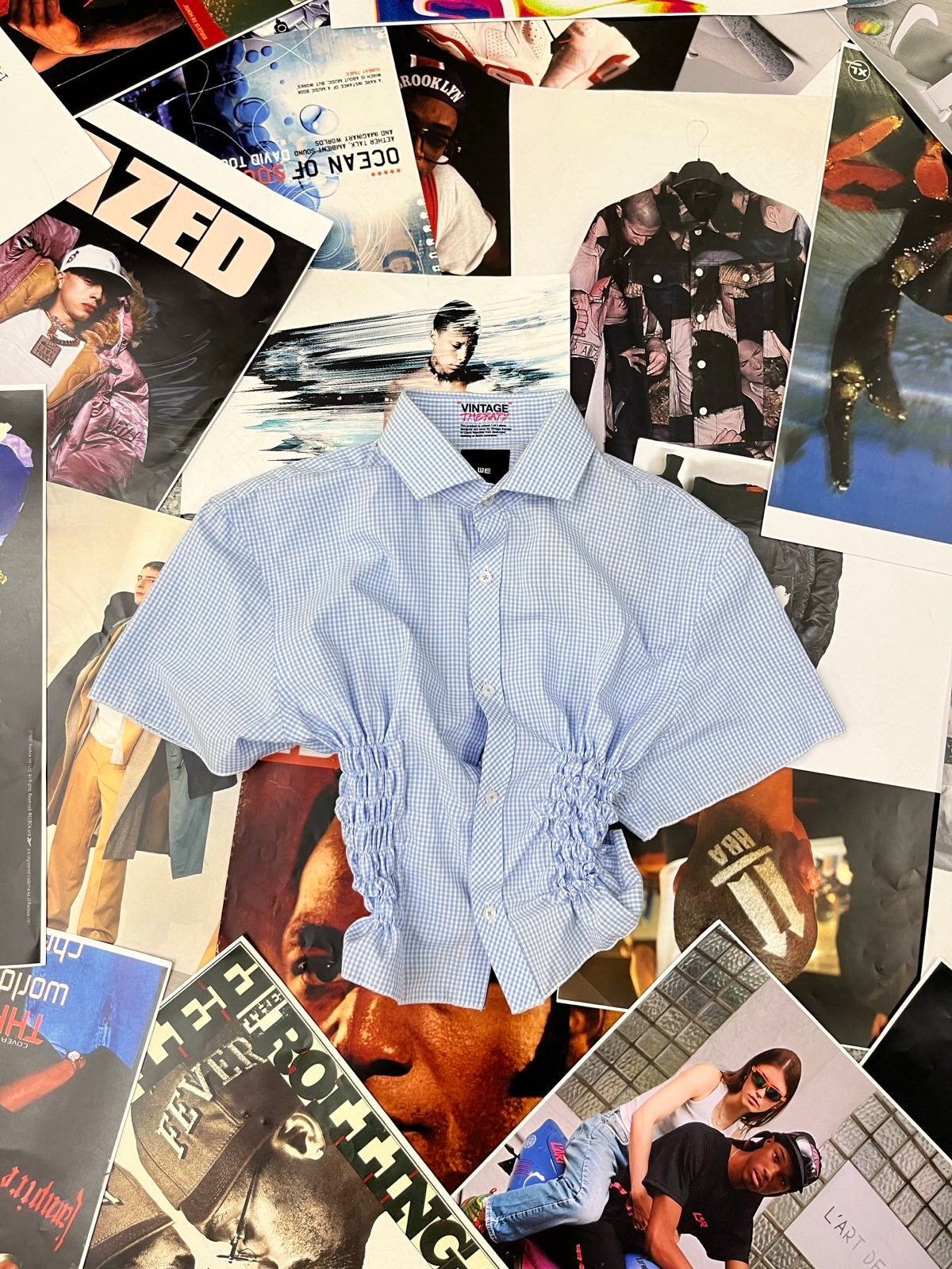 Reworked top modro-bílý kostičkovaný s žabičkováním M