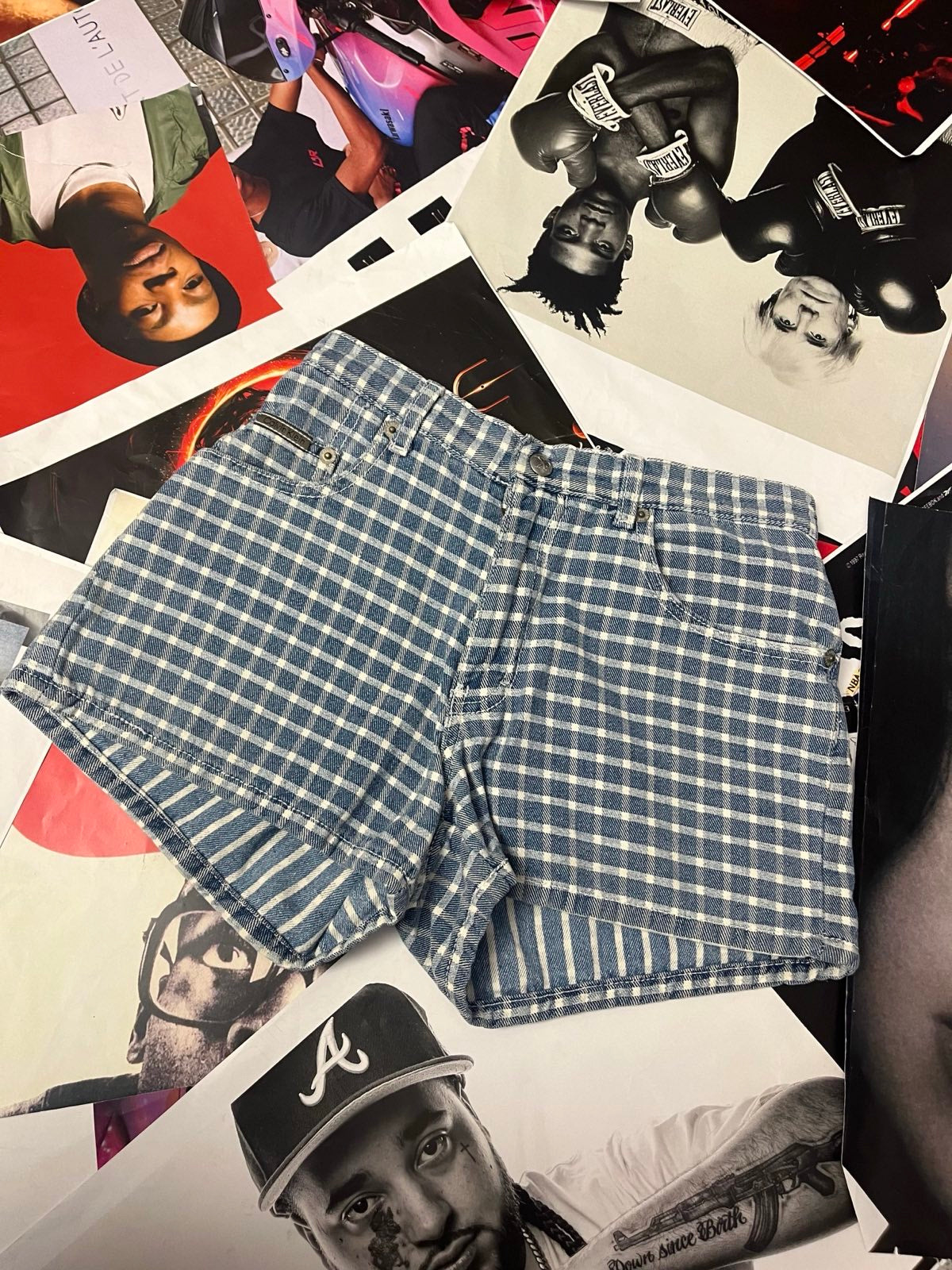 (XS) Calvin Klein kraťasy džínové kostičkované modro bílé