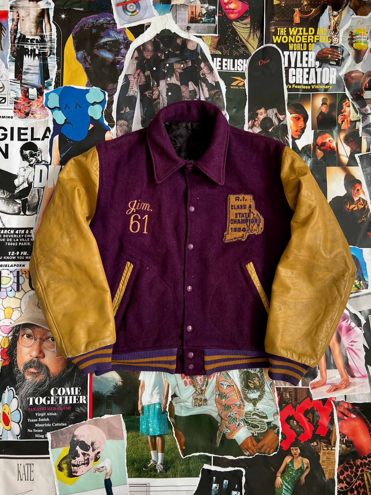 VARSITY BUNDA Saints Football bordo fialová s hořčičnými rukávy nápis na zádech, 61Jim, S