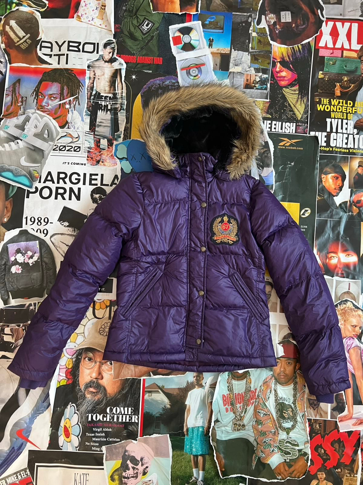 Ralph Lauren bunda fialová s kapucí s kožíškem