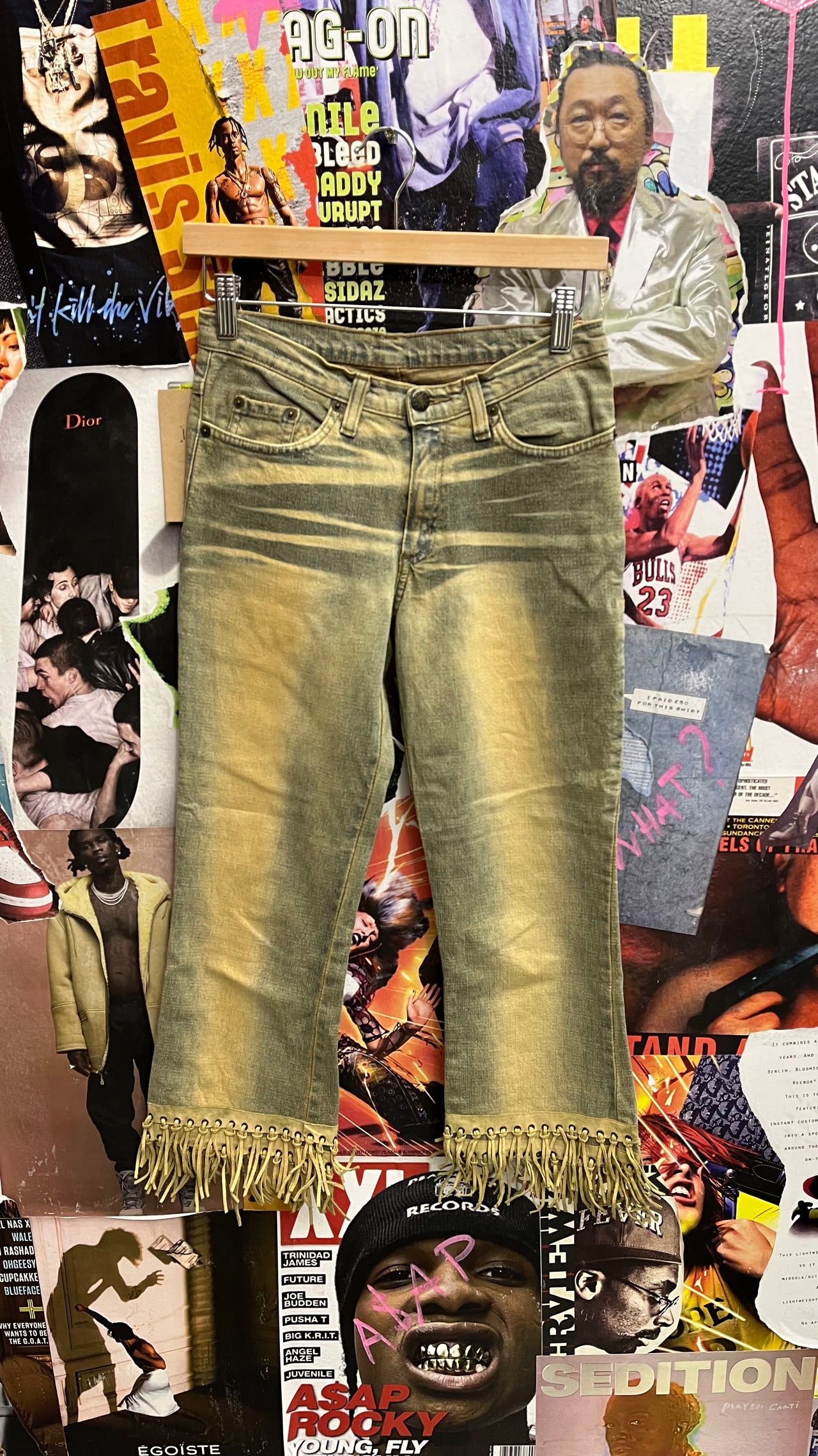 AMNS jeans džíny modrobéžové (kovbojský styl) třásně kolem nohavice dole S