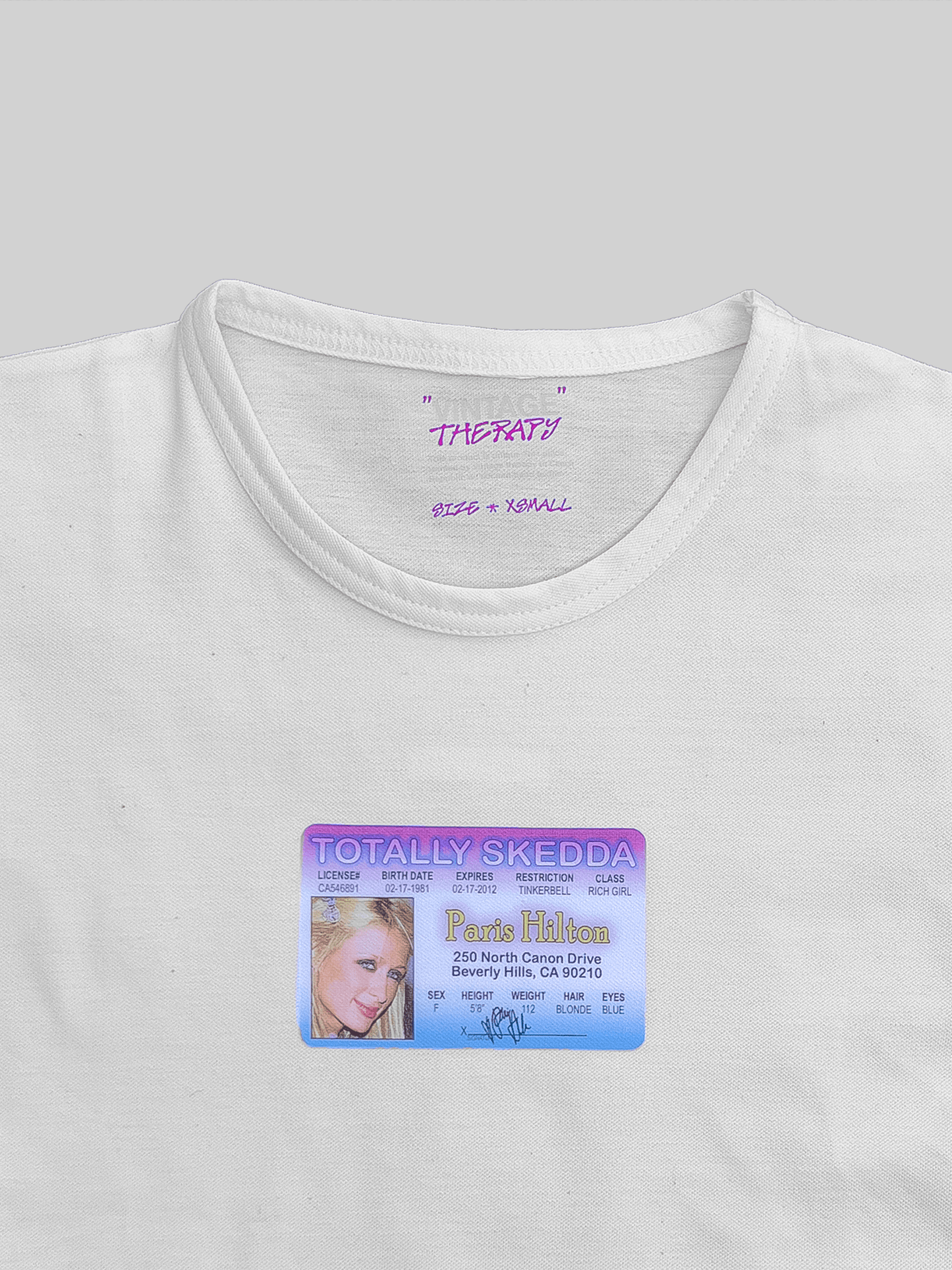 Baby tee bílé ID card Paris Hilton Totally Skedda x Vt (XS) / Vt DIY lab.