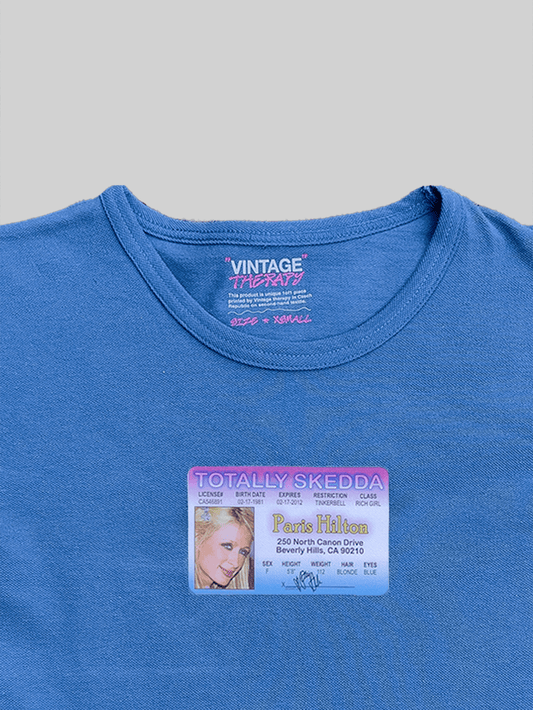 Baby tee modré ID card Paris Hilton Totally Skedda x Vt (XS) / Vt DIY lab.