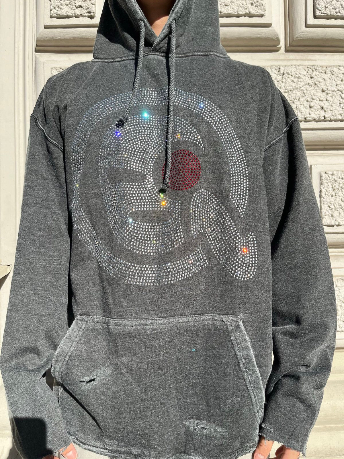 (L) 1of1 MIKINA Distressed stonewashed šedá STOLEN rhinestones logo