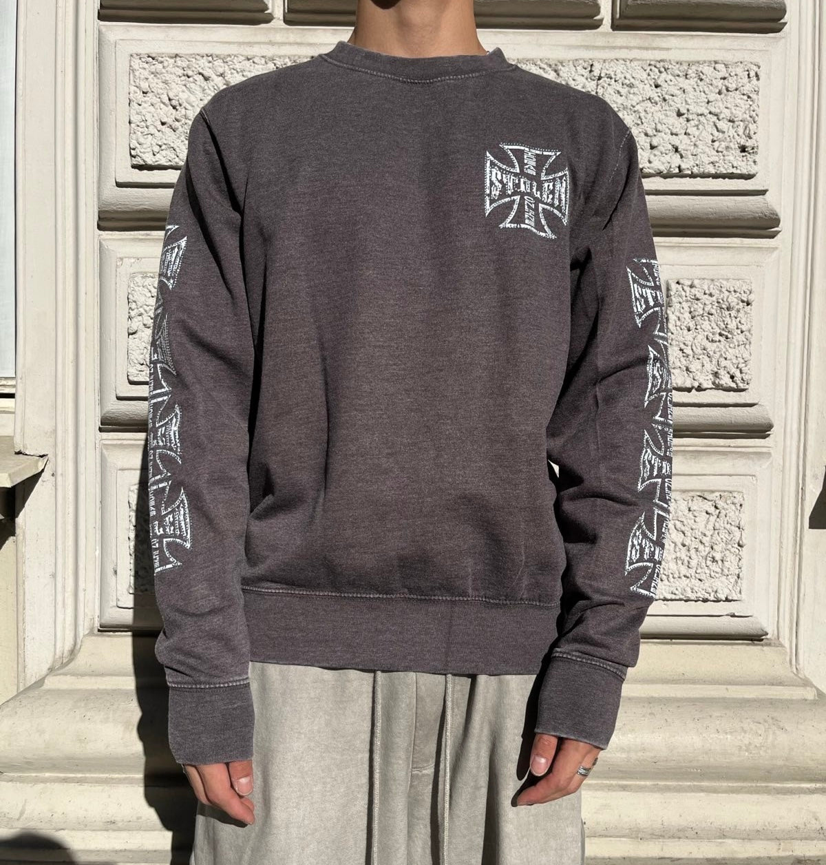 (S) 1of1 CREWNECK šedo–hnědý Westside Choppers rhinestones logo