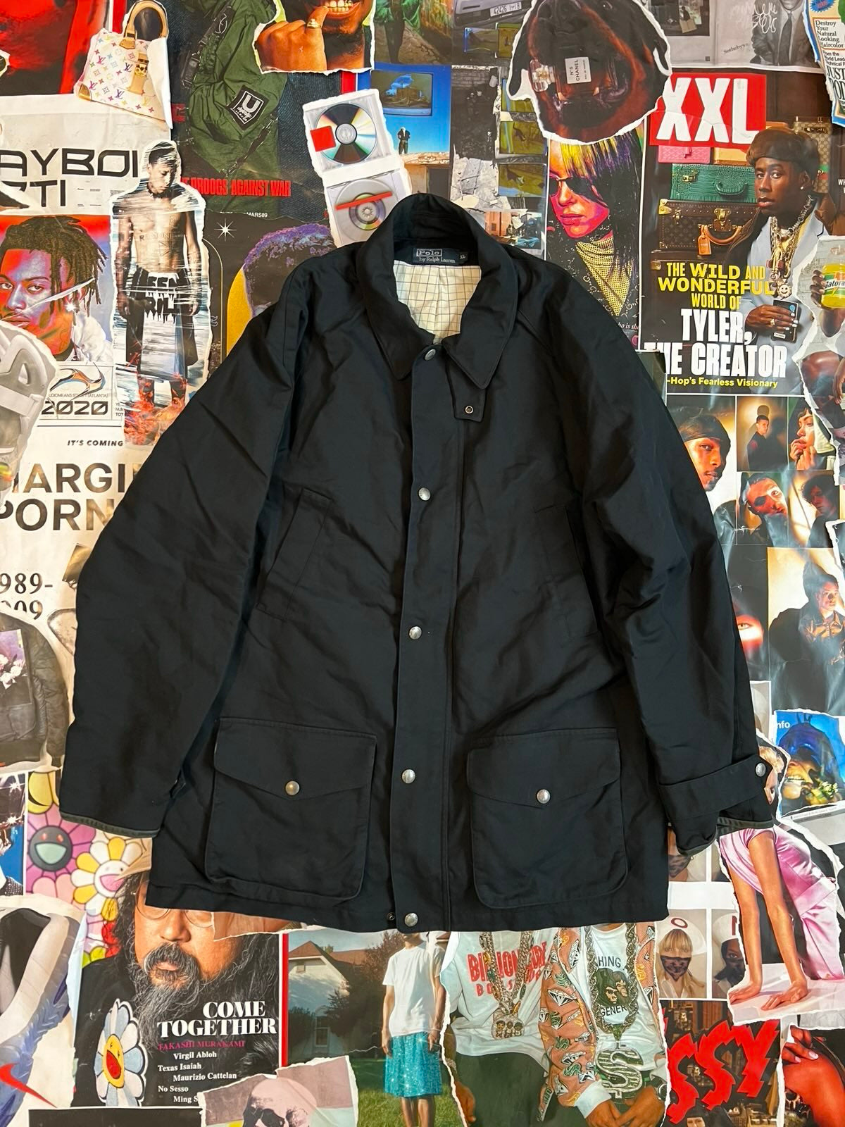 Ralph Lauren bunda černá s koženým límcem XL