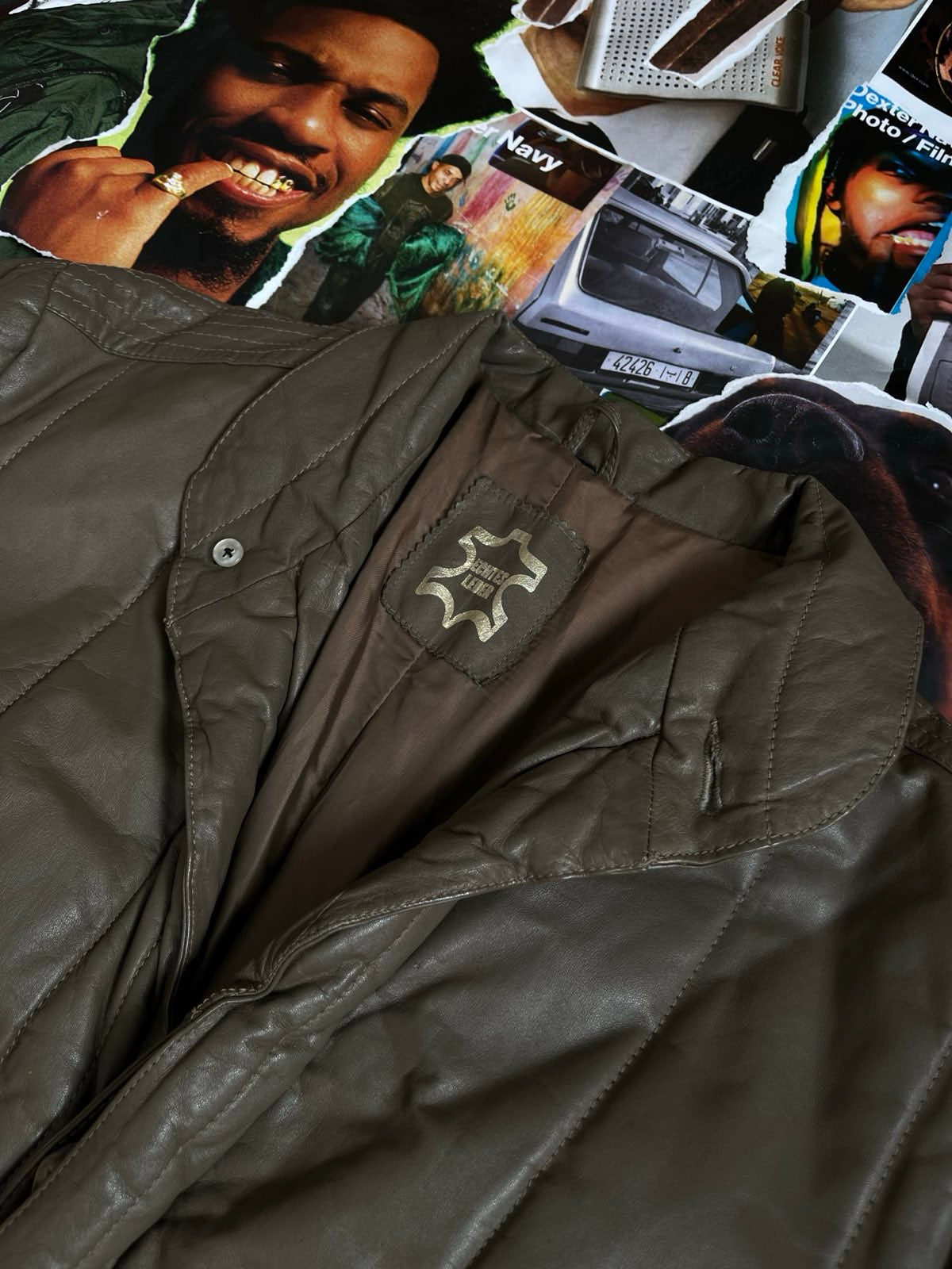 Echtes leder kožený kabát khaki světlý  na knoflíky XL