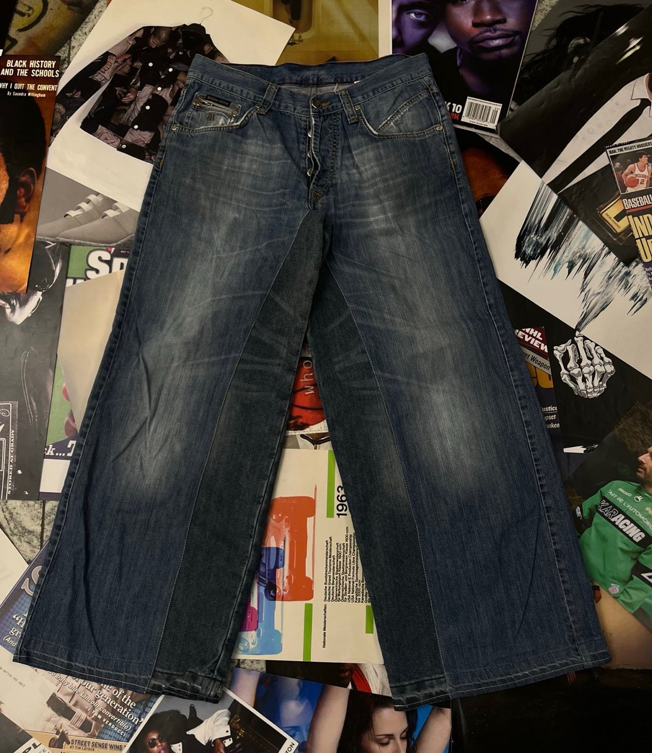 reworked modré džíny dole rozšířené DENIM na více cvoku na zapínání XL