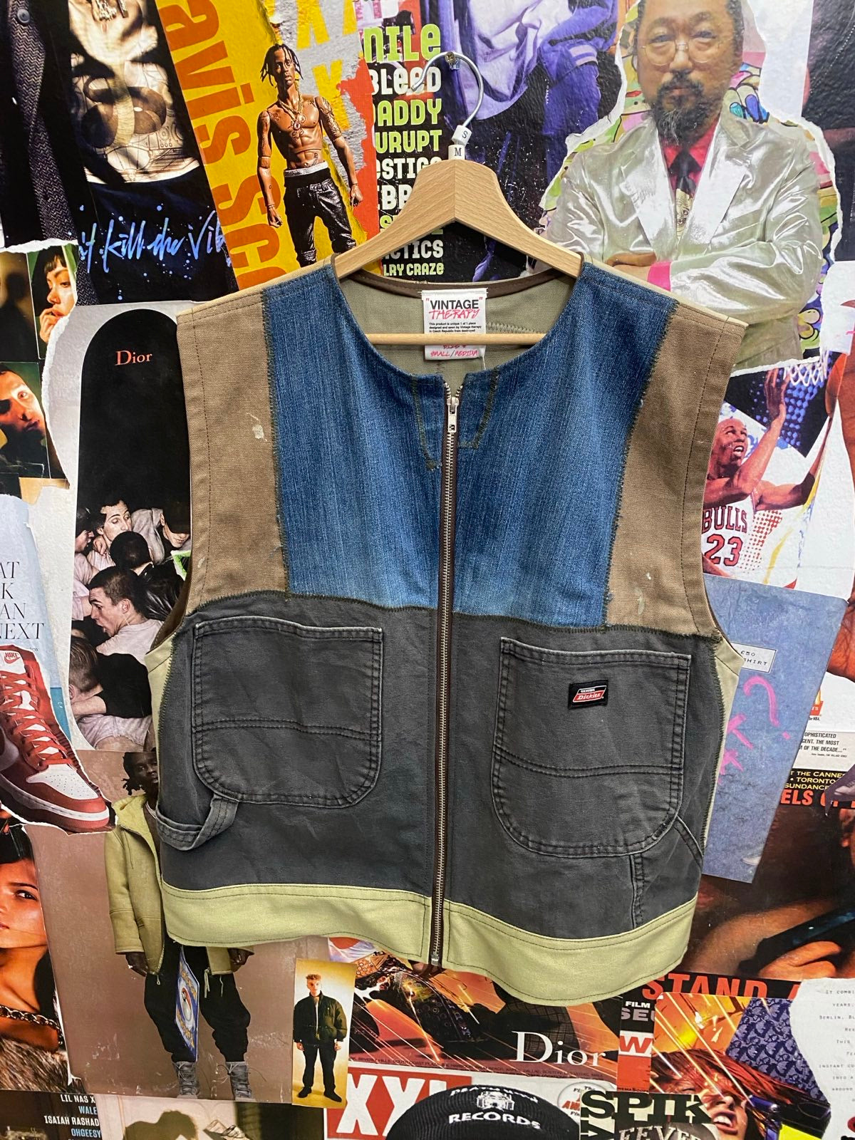 Vintage therapy x Dickies šedo béžovo modrá vesta upcyklovaná S/M