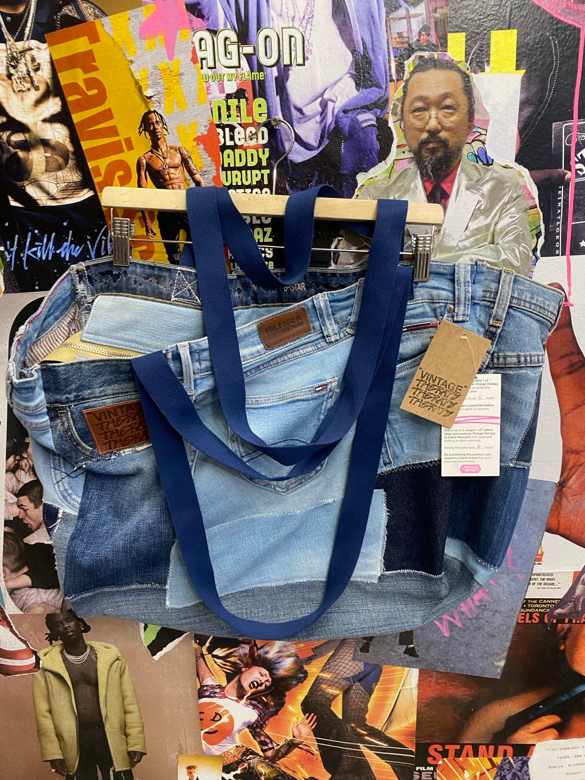 Vintage therapy x Hilfiger Denim upcyklovaný globus bag (mix modrého denimu)