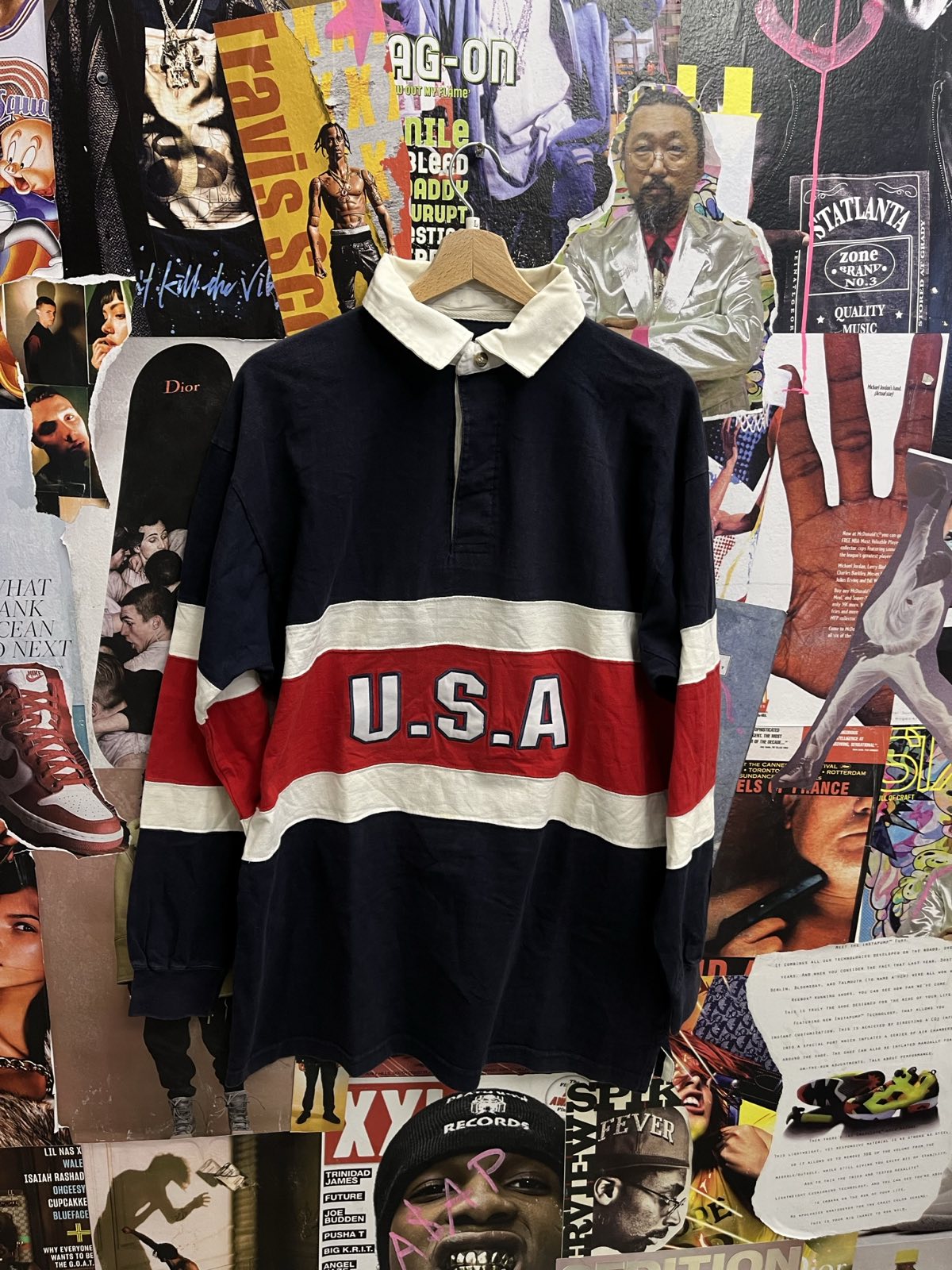 Original Rugby clothing specialists triko s polo límcem modro červeno bílé USA na hrudi L