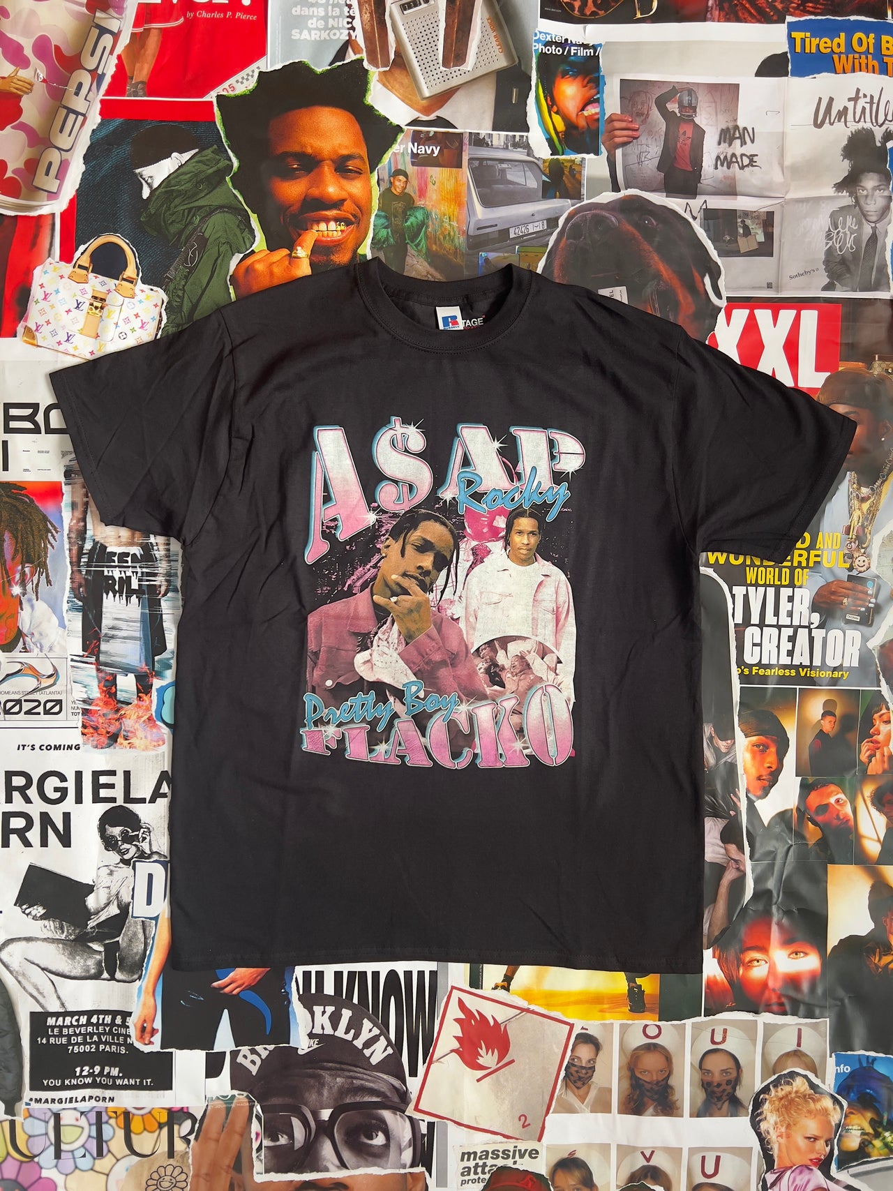 Triko BOOTLEG černé Asap Rocky růžovo modrý print